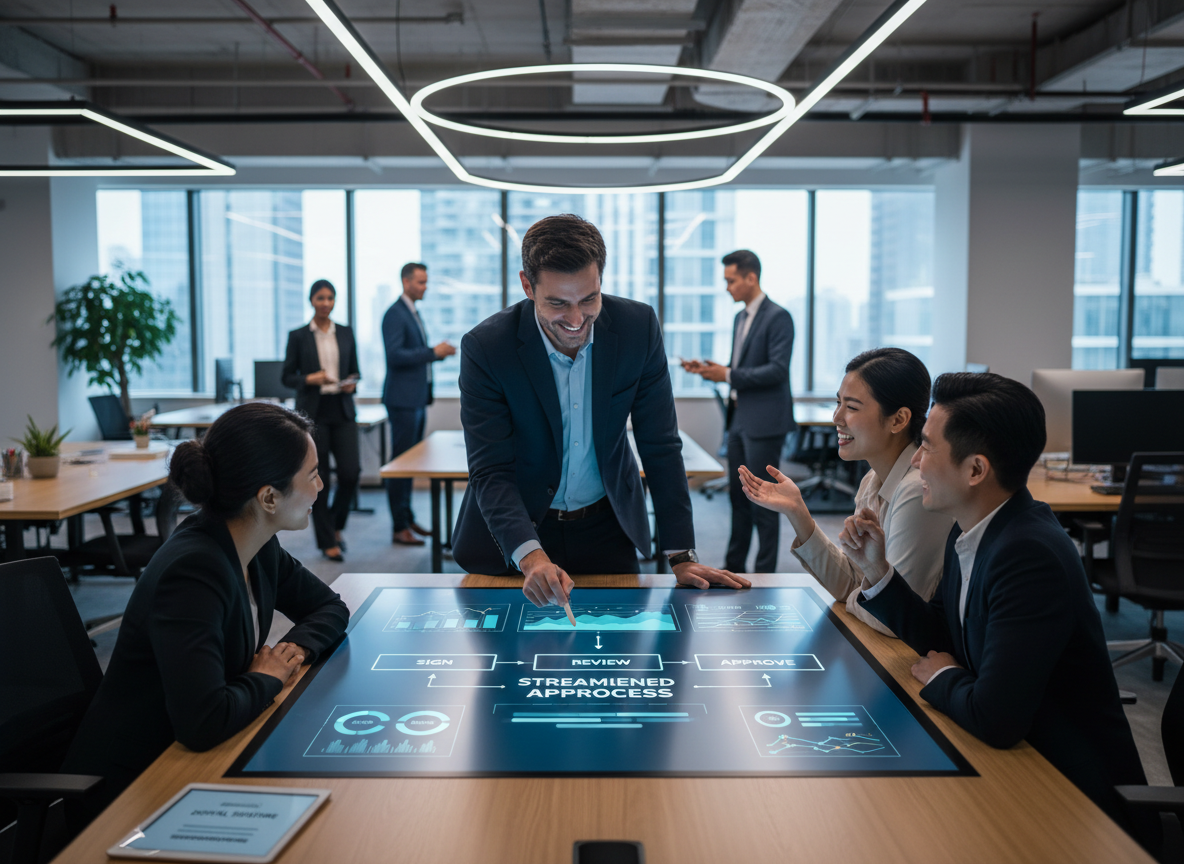 An open office showcasing streamlined workflows on digital screens, symbolizing productivity gains and faster approvals.