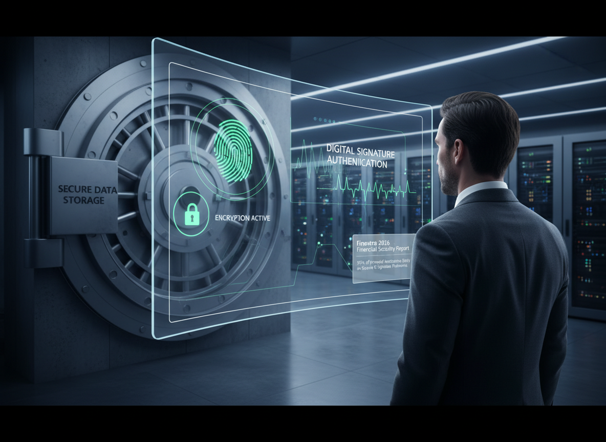 An IT professional in a high-security financial data center monitoring encrypted signature authentication and biometric verification.