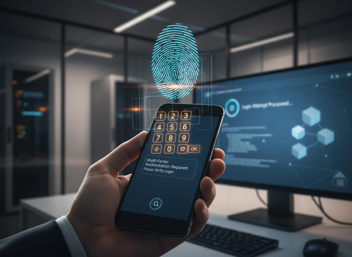 A close-up of a professional verifying login via multi-factor authentication on a smartphone, with holographic fingerprint and numeric keypad symbols.