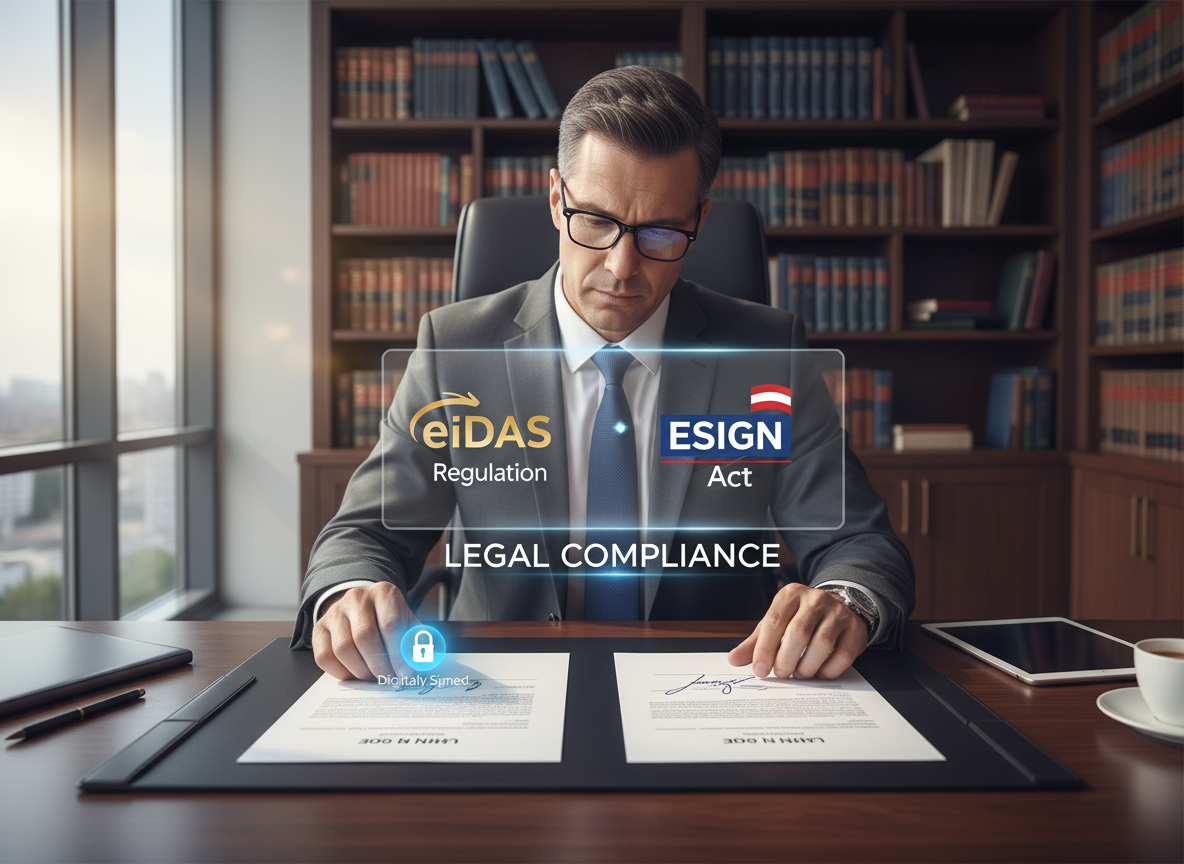Lawyer comparing digitally signed and ink-signed documents with eIDAS and ESIGN Act holograms above.