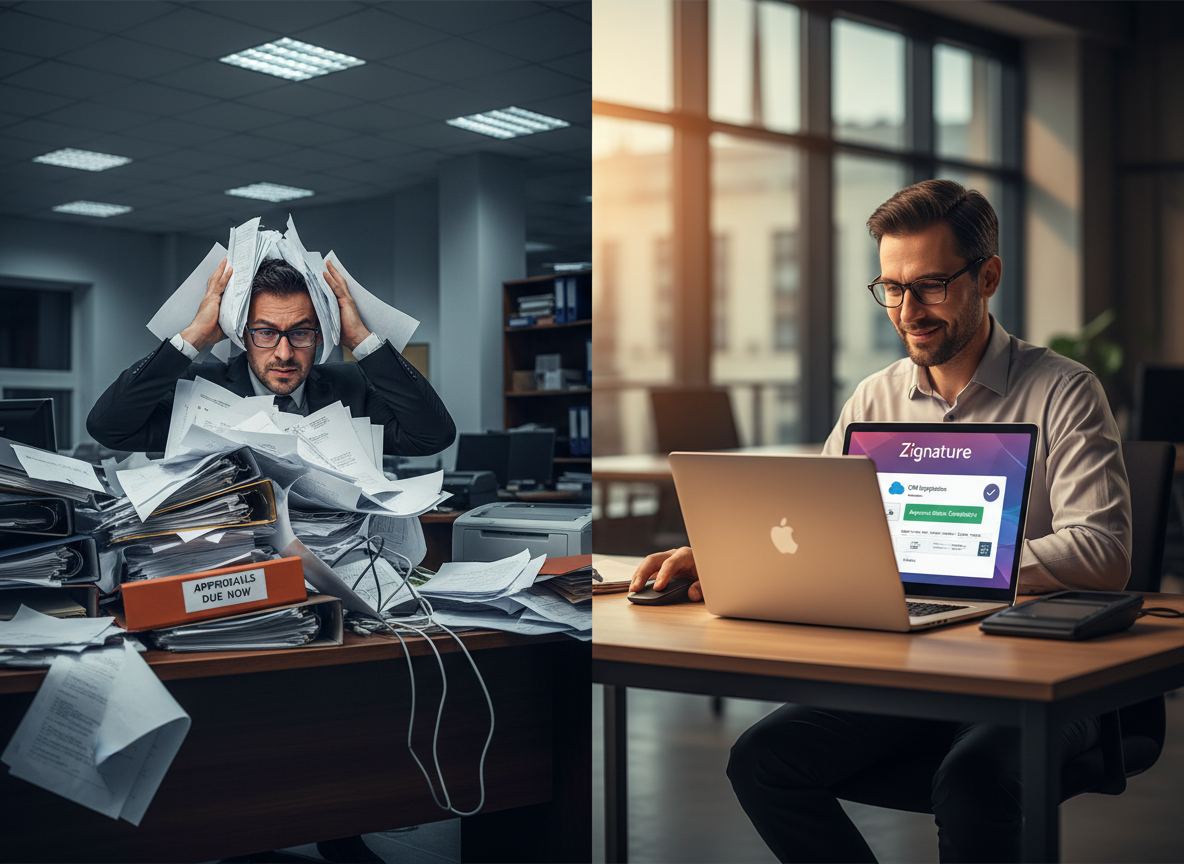 Split-screen showing manual document overload versus streamlined digital workflows with Zignature’s automated dashboard.
