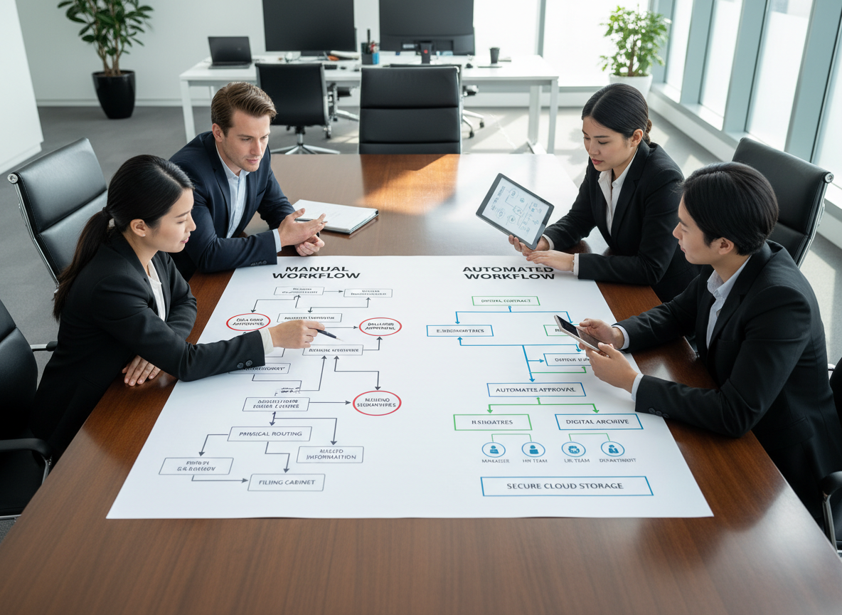 Flowchart comparing manual document workflows with optimized automated workflows, highlighting pain points and improvements.