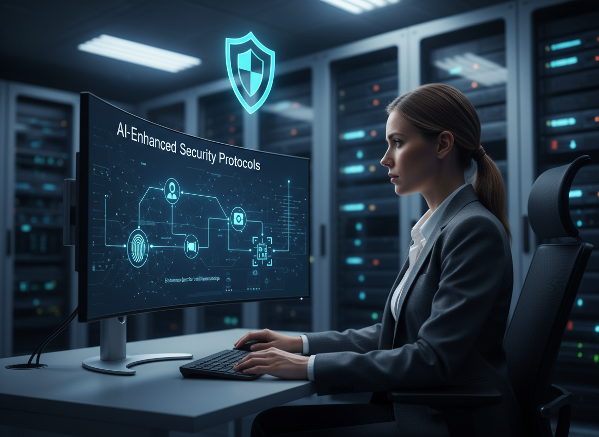 Cybersecurity analyst in a high-security data center reviewing AI-powered digital signature security measures, including biometric authentication and blockchain audit trails.