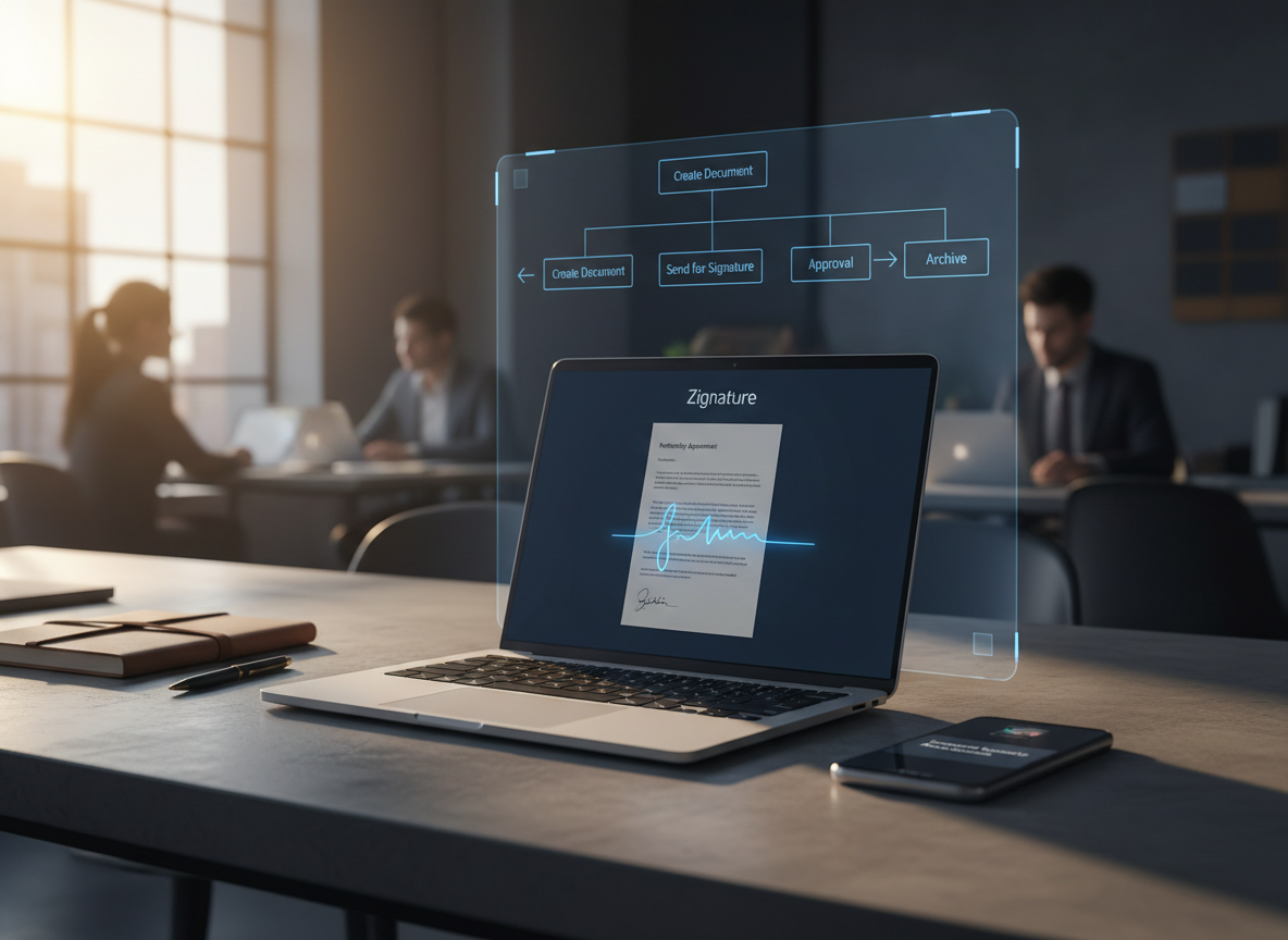 Desk scene with a laptop and smartphone showcasing automated e-signature workflows for business documents.