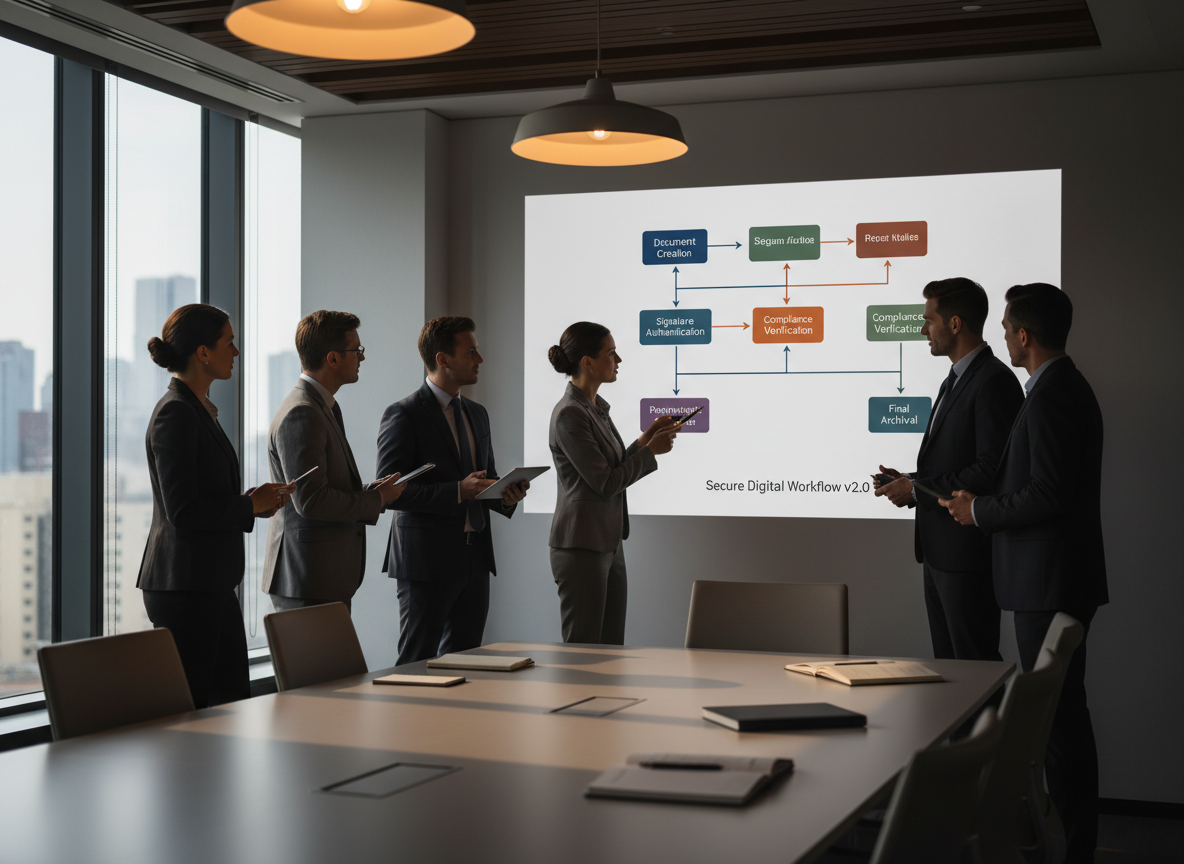 A conference room with a whiteboard showing a flowchart of a secure digital signature workflow, surrounded by professionals discussing the process.