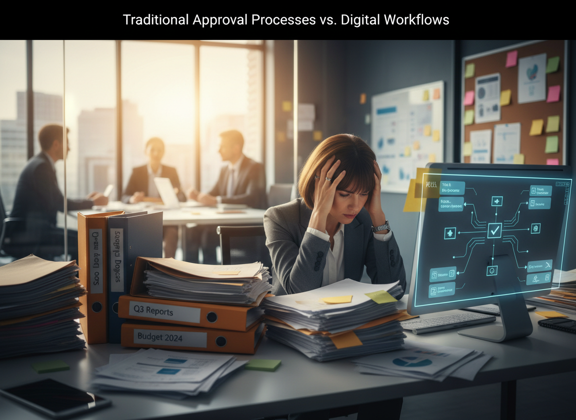A corporate manager surrounded by paper forms and folders, contrasted with a holographic digital workflow projection symbolizing streamlined processes.