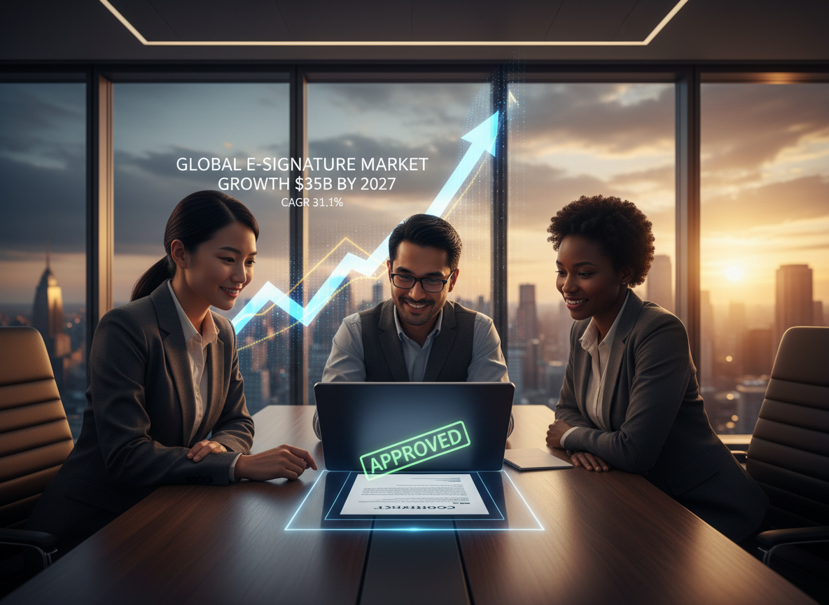 A diverse team in a modern office reviews a digital contract on a tablet, with a holographic graph showing e-signature market growth projected to $35B by 2027.