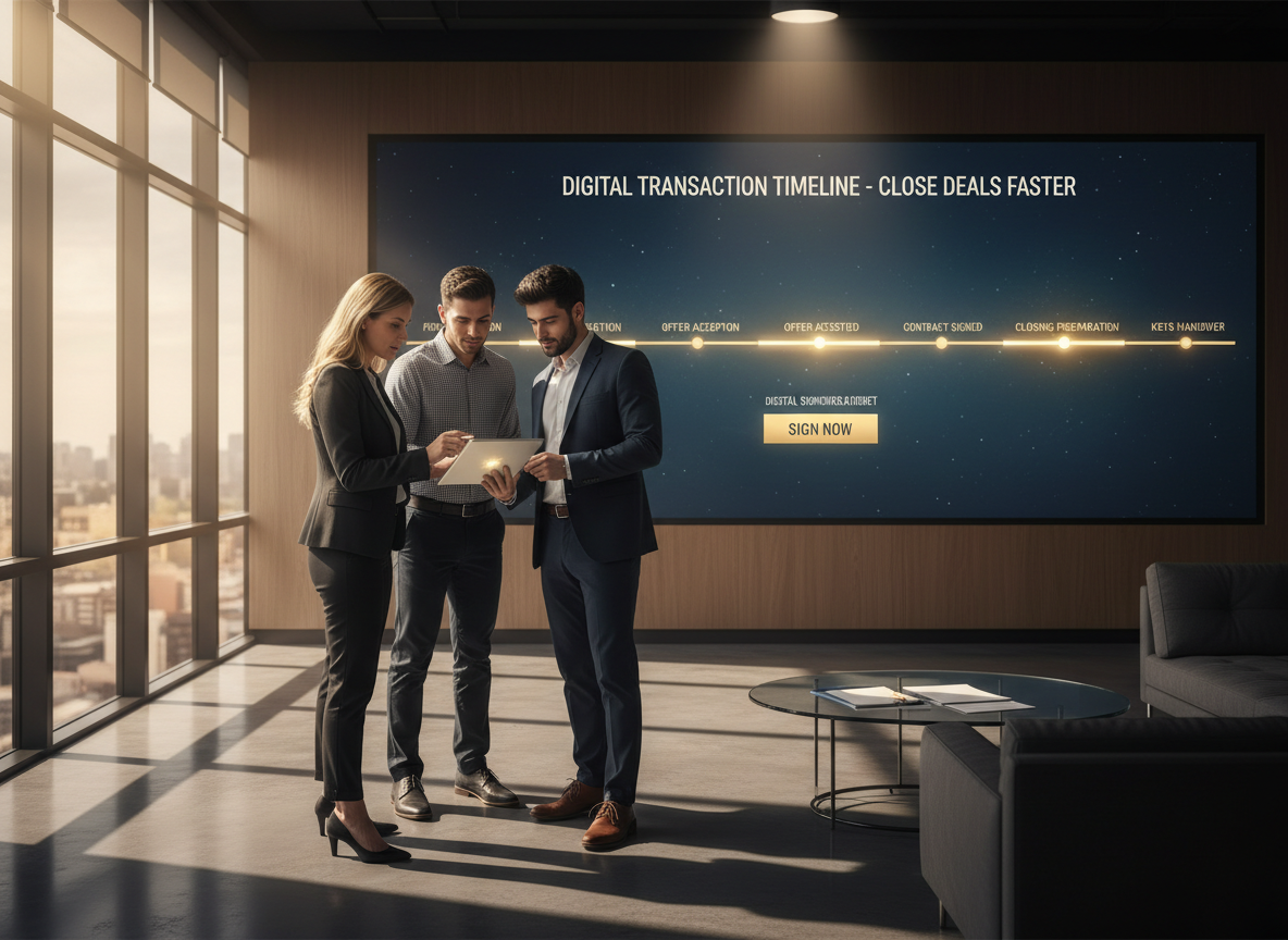 A real estate office featuring a digital timeline of transaction milestones and a couple signing a contract via tablet.