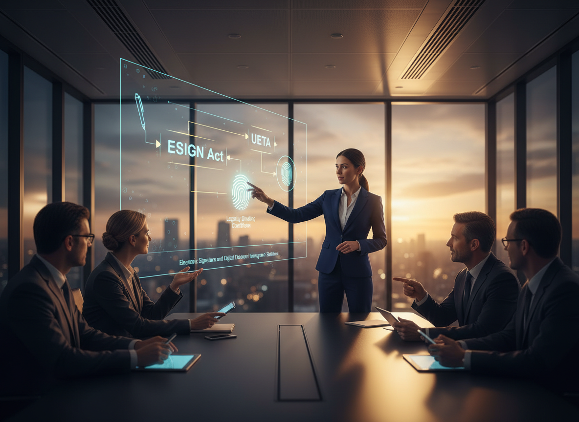 A legal expert explains the ESIGN Act and UETA in a modern conference room, using a holographic display that connects traditional and digital signatures.