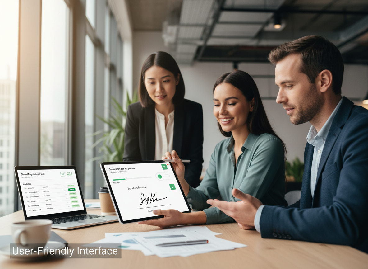 Professionals using an intuitive digital signature interface in a co-working space, highlighting user-friendly design and accessibility.