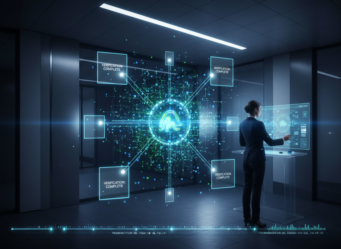 A glowing blockchain network with nodes verifying a central digital signature, symbolizing secure, tamper-proof validation.