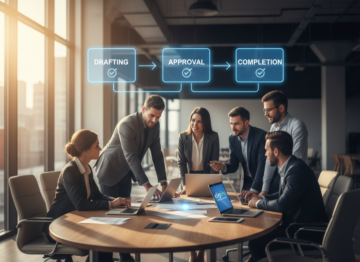 A holographic flowchart illustrating contract execution stages—drafting, approval, completion—in a collaborative co-working space.