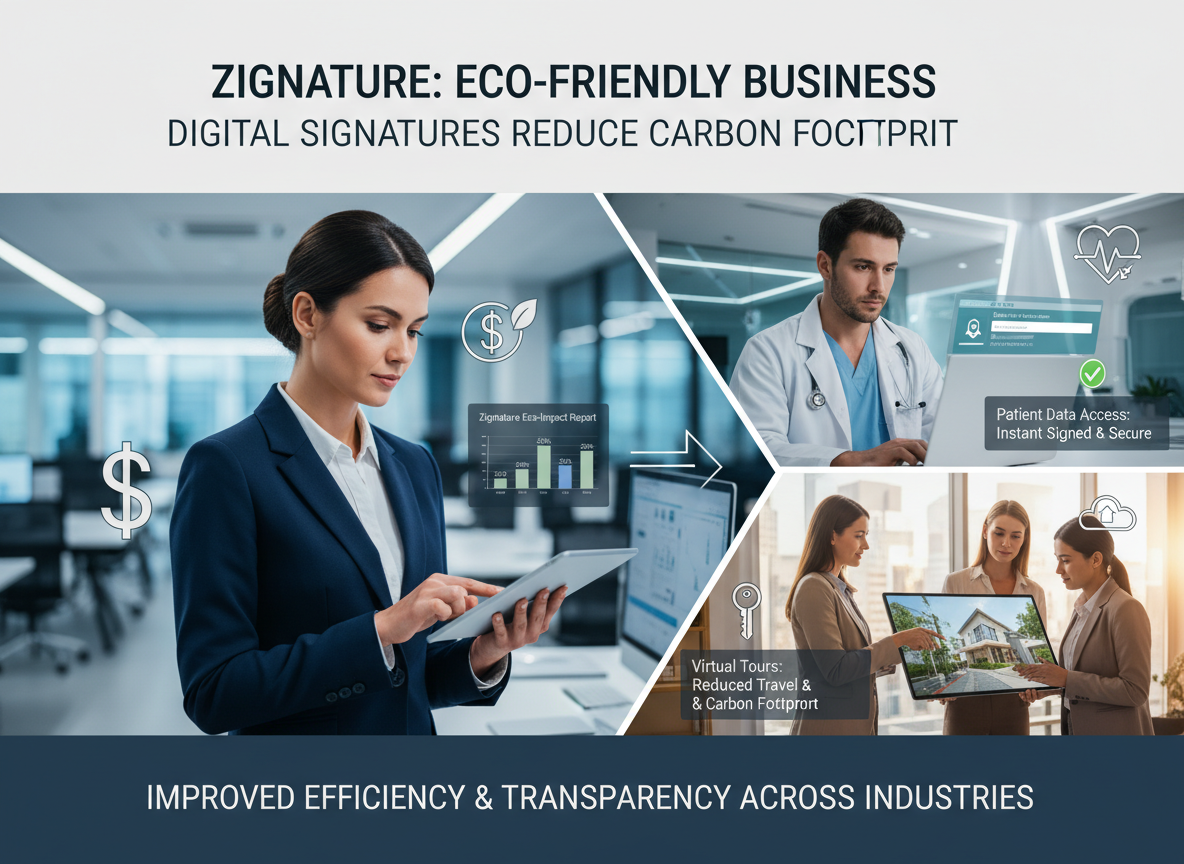 Collage of professionals in banking, healthcare, and real estate using digital devices with overlaying icons and stats.