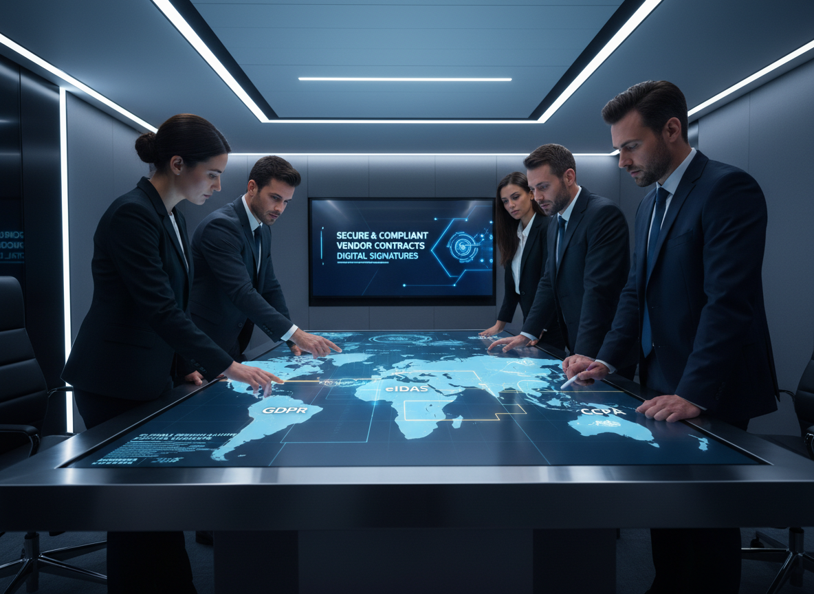 Team in a conference room reviewing a digital world map with labels for GDPR, eIDAS, and CCPA, illustrating global compliance standards.