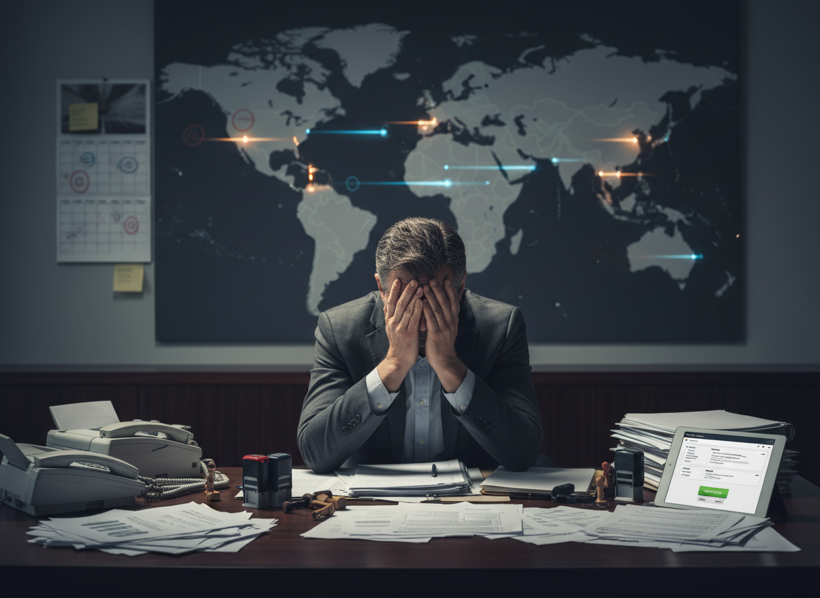 A frustrated CFO at a cluttered desk with paper documents and a glowing time zone map, illustrating the challenges of manual financial approvals.
