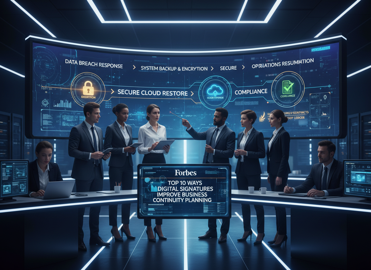 Disaster recovery workflow diagram with digital signature integration, showcasing encryption, cloud storage, and compliance icons.