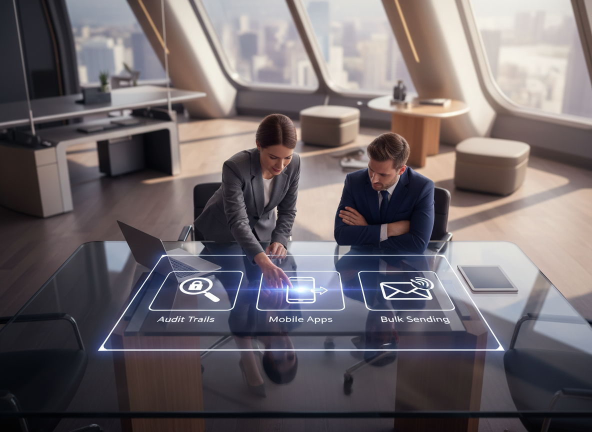 Diagram showcasing e-signature platform features like audit trails, mobile apps, and bulk sending, represented by clear icons.