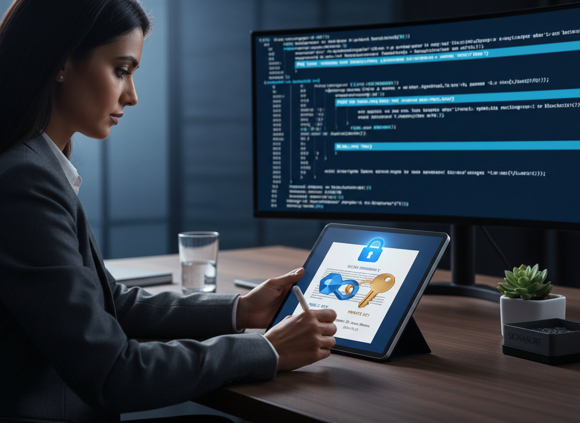A business executive digitally signing a document on a tablet, with a padlock icon and cryptographic keys symbolizing the digital signature process.