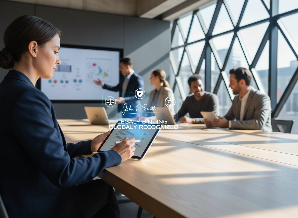 A professional digitally signing a document on a tablet, with holographic icons representing secure and legal electronic signatures.