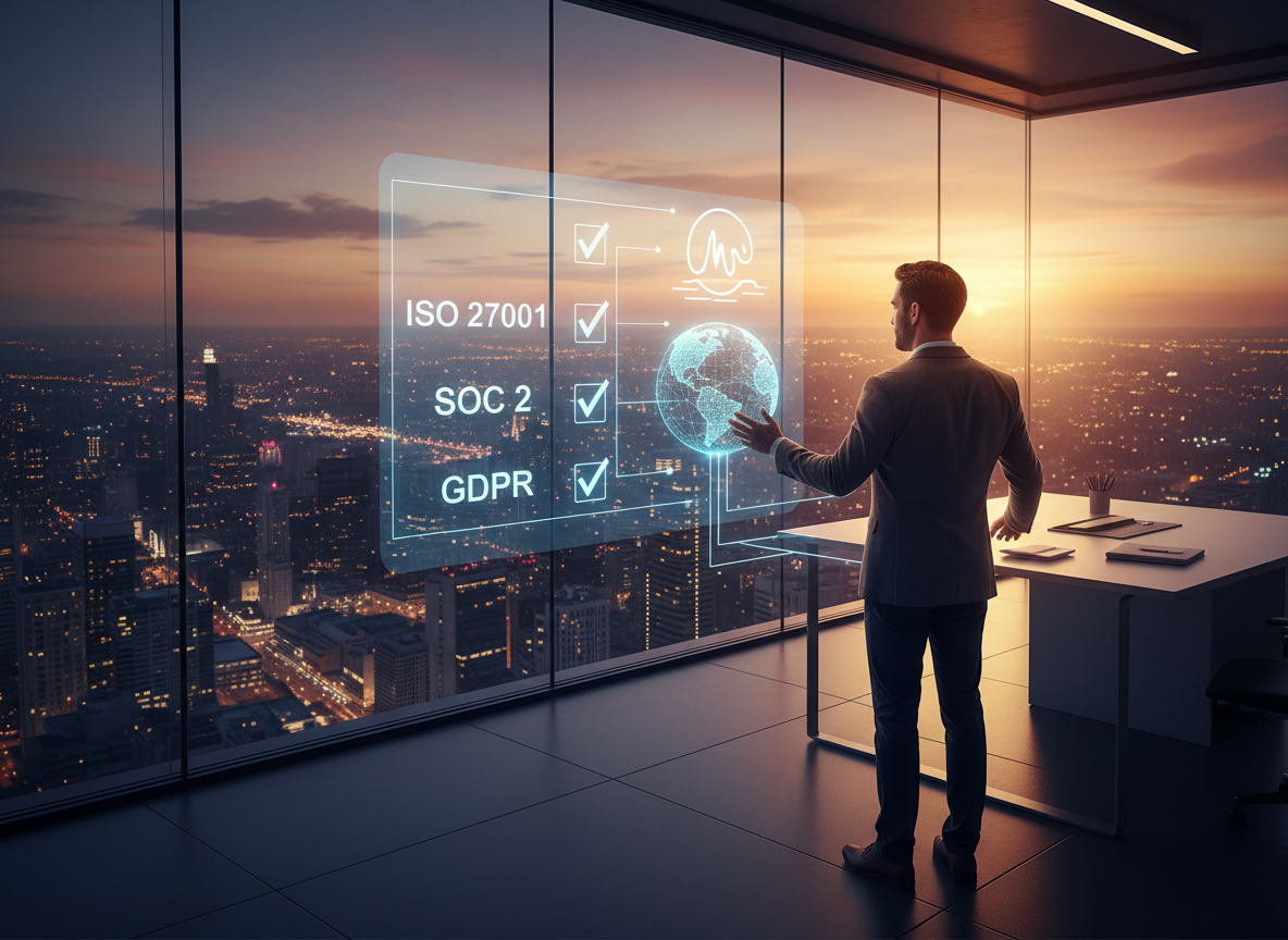An IT professional in an office gesturing at a holographic checklist of ISO 27001 and GDPR certifications connected to a global digital signature.