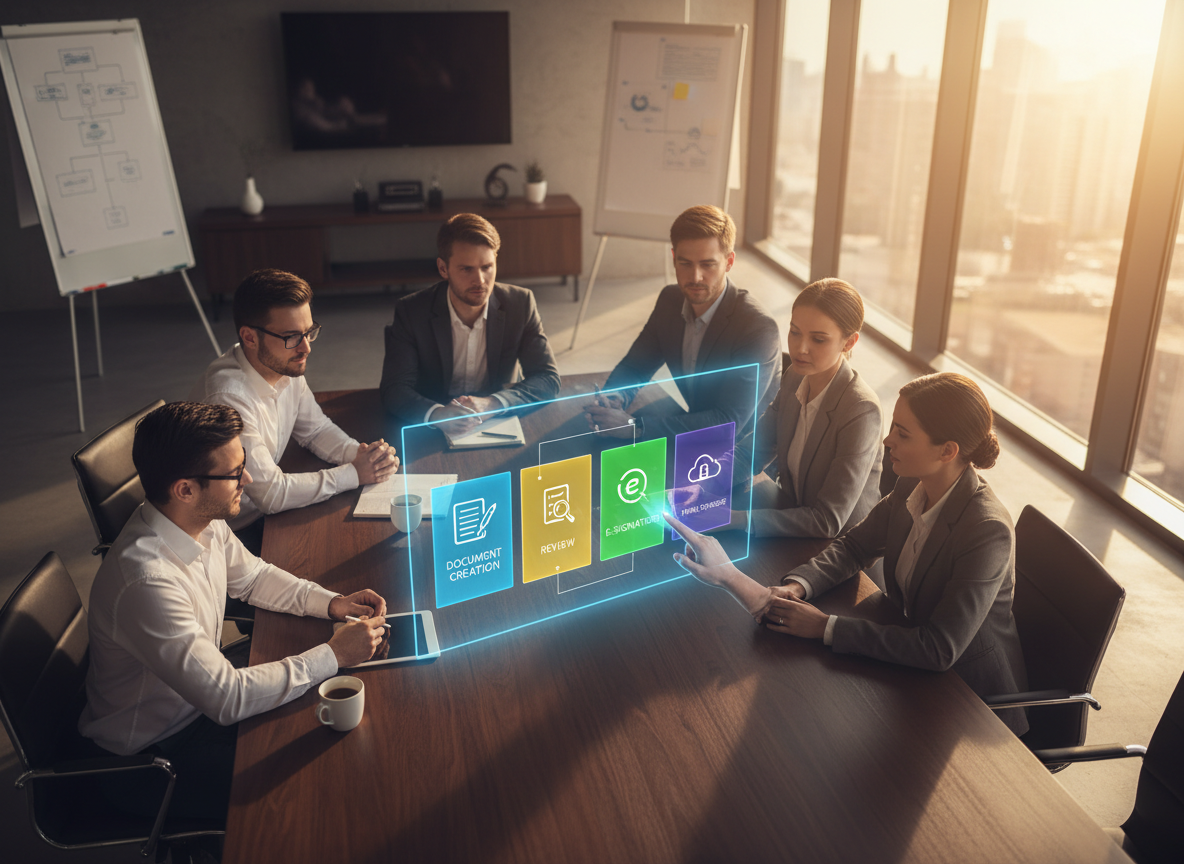 Holographic workflow map in a collaborative workspace, showing steps like document creation, review, e-signature, and storage, with professionals actively engaged.