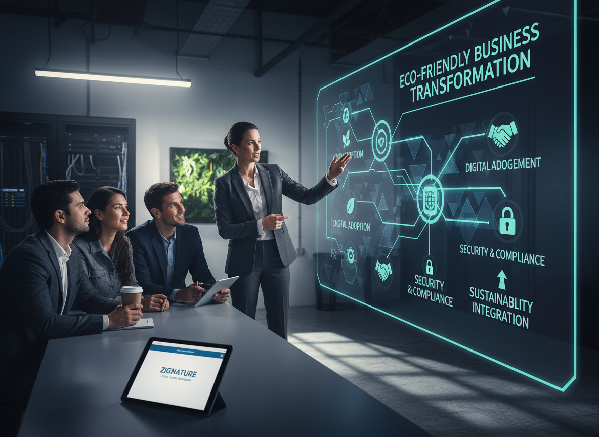 Project leader in innovation lab presenting a digital roadmap for digital signature adoption with key milestones.