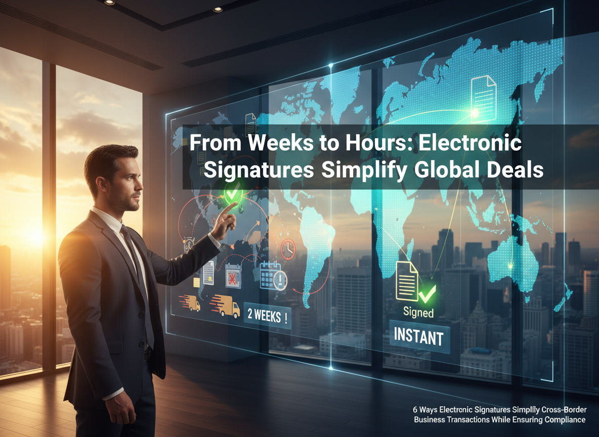 High-tech office with a touchscreen map showing instant electronic signatures connecting continents, contrasting with slow paper-based transactions.