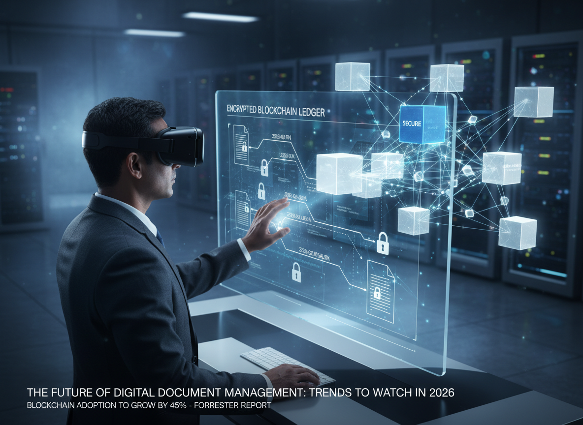 Futuristic data center with holographic blockchain nodes and a cybersecurity specialist monitoring secure, tamper-proof document chains.