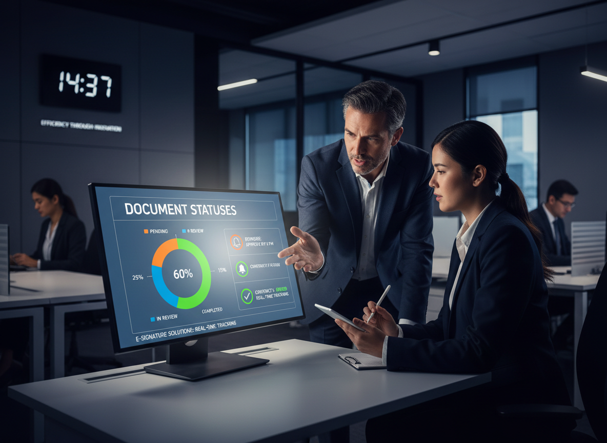 Financial dashboard showing document statuses marked as 'pending' and 'completed,' with notification reminders for approvals.