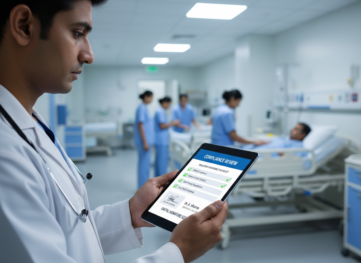 Doctor reviewing a digitally signed form with a compliance checklist in a healthcare setting, showcasing regulatory adherence.