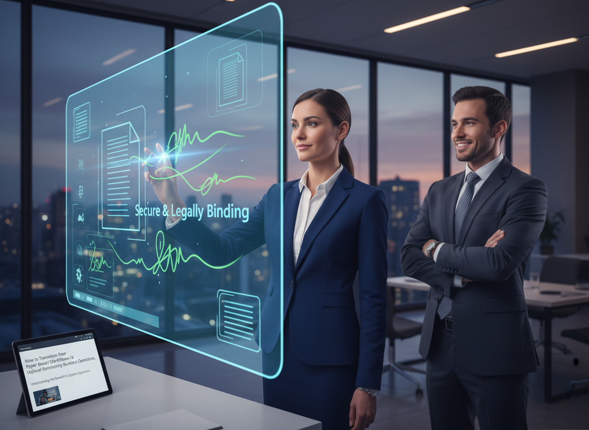 A modern office with professionals using a touchscreen to apply holographic digital signatures to documents, symbolizing secure and efficient workflows.