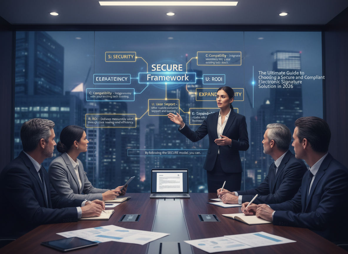 Flowchart illustrating the SECURE framework for e-signature solutions, emphasizing security, efficiency, compatibility, and scalability.