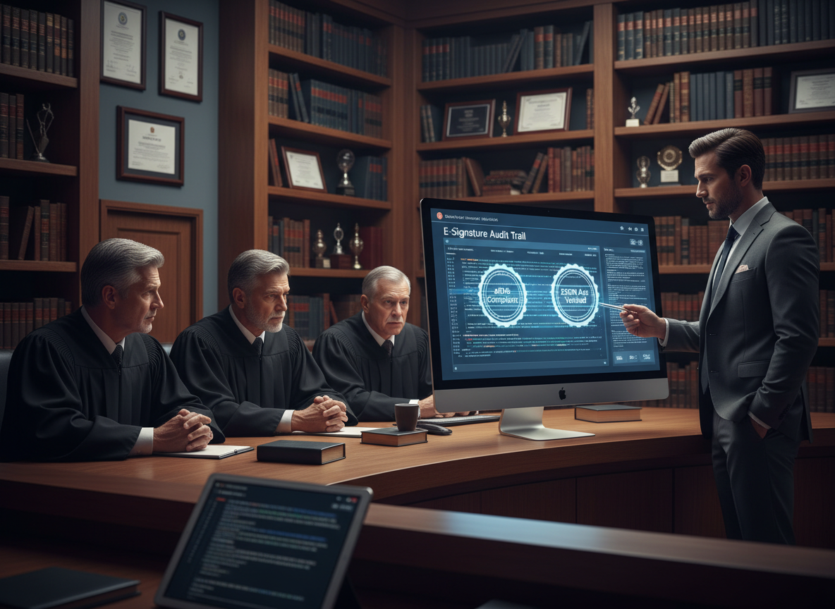 A businessperson presenting an e-signature audit trail with compliance stamps to a panel of judges in a legal setting.