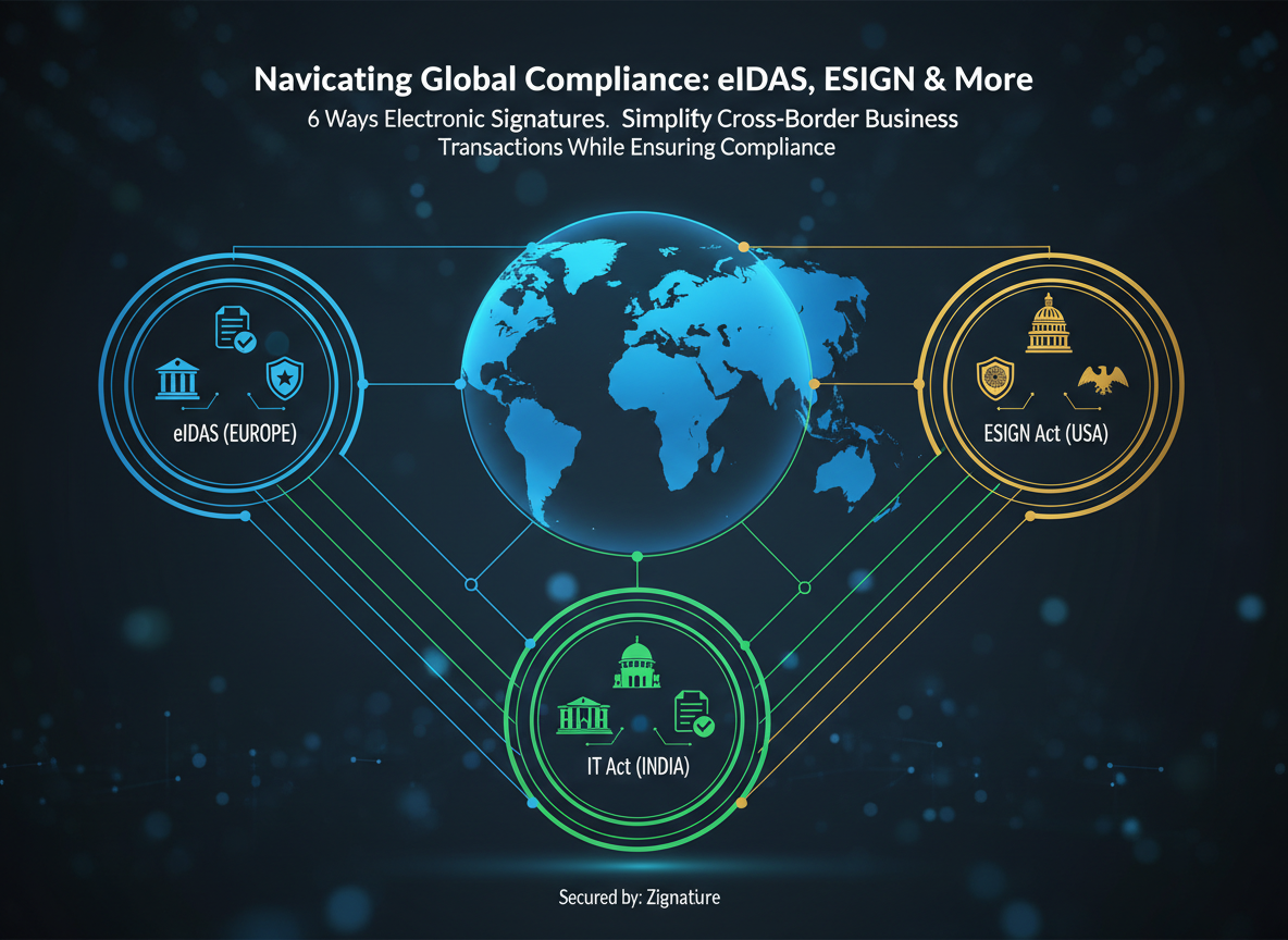 Infographic-style world map highlighting e-signature compliance standards like eIDAS, ESIGN Act, and IT Act with visual icons.