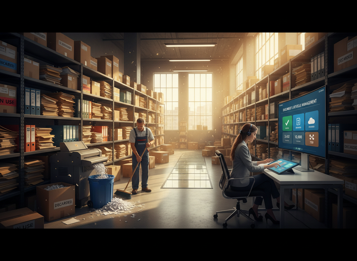 A storage room with stacks of wasteful paper files contrasts with a digital dashboard showcasing organized document management.