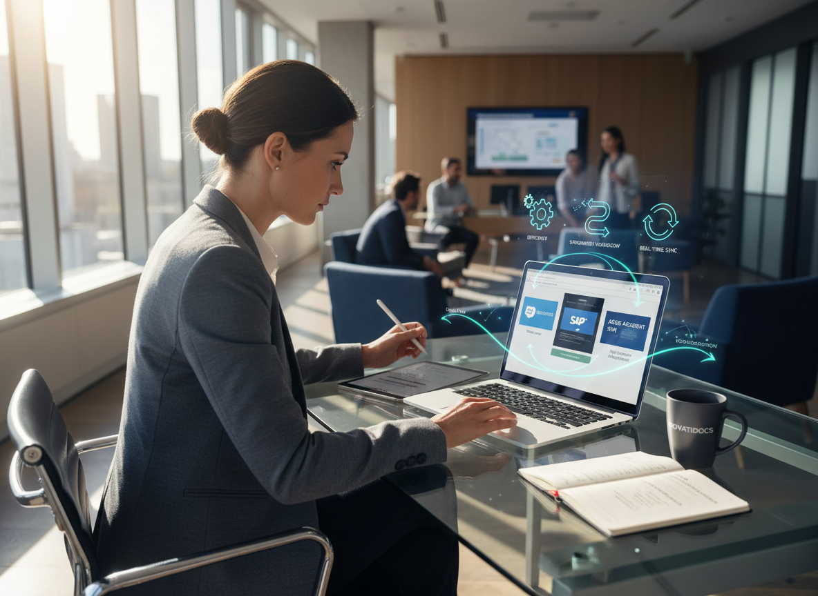 A business manager works on a laptop displaying interconnected CRM, ERP, and document management dashboards, symbolizing seamless integration.