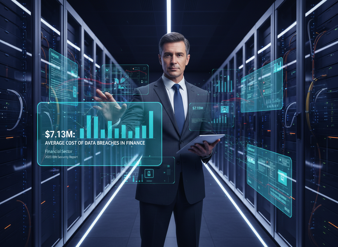 A cybersecurity analyst in a server room reviews holographic data showing breaches, symbolizing the importance of security in financial transactions.