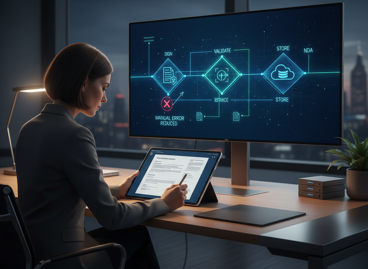 A professional digitally signing a document on a tablet while a screen displays an automated workflow reducing human errors.
