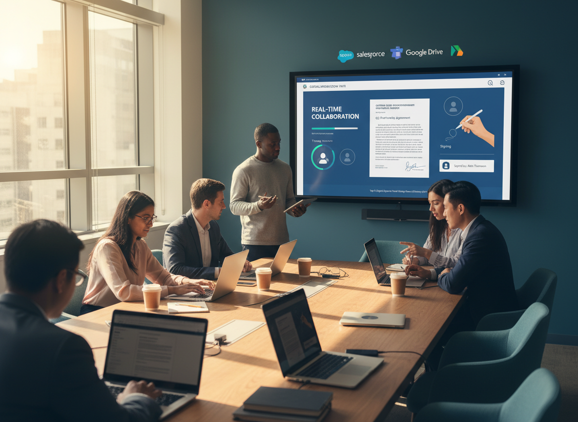 A digital signature platform dashboard integrated with Salesforce, Microsoft Teams, and Google Drive shown in a collaborative co-working space.