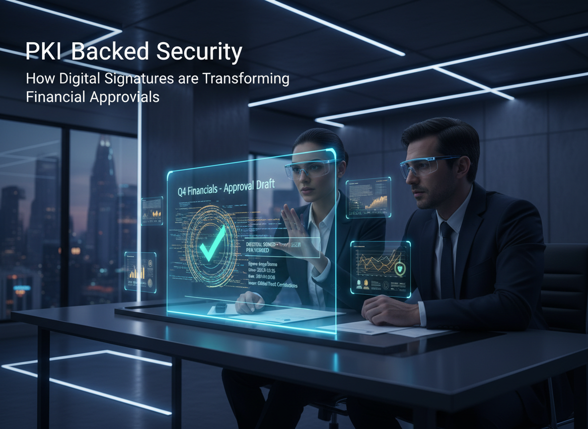 A finance professional in a high-tech office digitally signing a holographic document with cryptographic code, illustrating how digital signatures work.