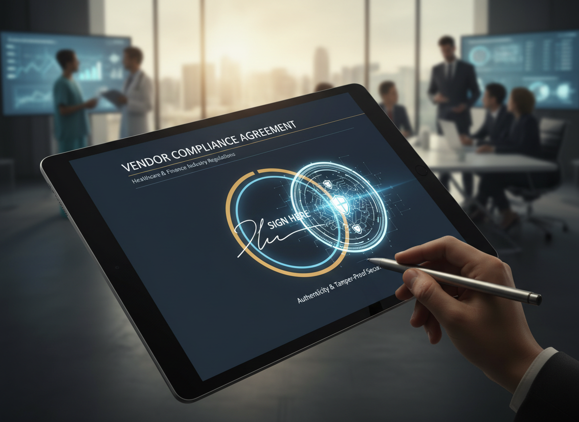 Close-up of a digital document being signed electronically with a cryptographic seal forming in real-time.