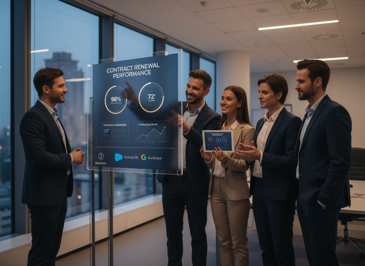 A team of professionals reviewing a dashboard showing metrics like 'Contracts Renewed: 98%' and integrations with tools like Salesforce and Google Workspace, demonstrating the benefits of e-signatures.