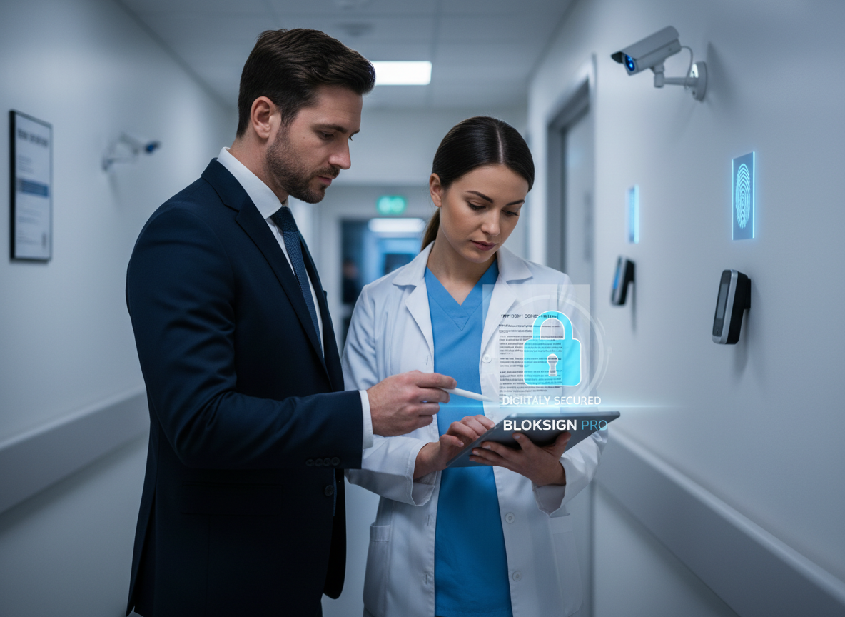 A healthcare professional and compliance officer reviewing a digitally locked document in a secure hospital corridor, symbolizing improved security and compliance.