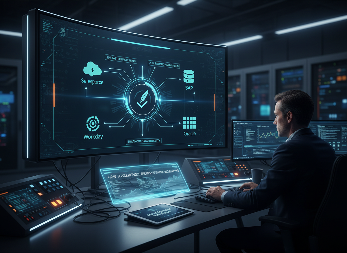 Diagram of e-signature platform integrations with Salesforce, SAP, Workday, and Oracle displayed in a futuristic IT command center.