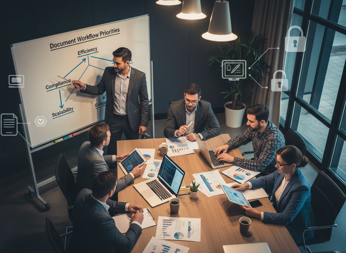 Operations manager points at a whiteboard diagram labeled 'Document Workflow Priorities' in a collaborative workspace.