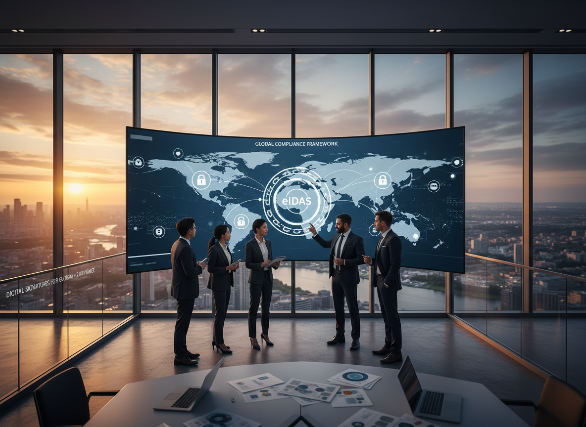 A global business headquarters with professionals discussing a world map on a digital screen showing interconnected compliance icons like eIDAS and ESIGN Act.