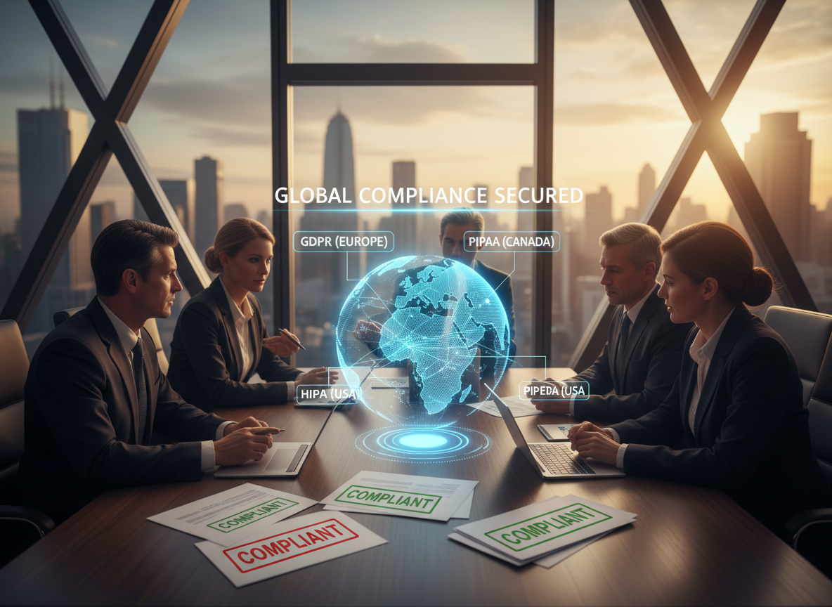 A team of professionals reviewing a holographic globe displaying compliance zones and stamped documents marked 'Compliant.'