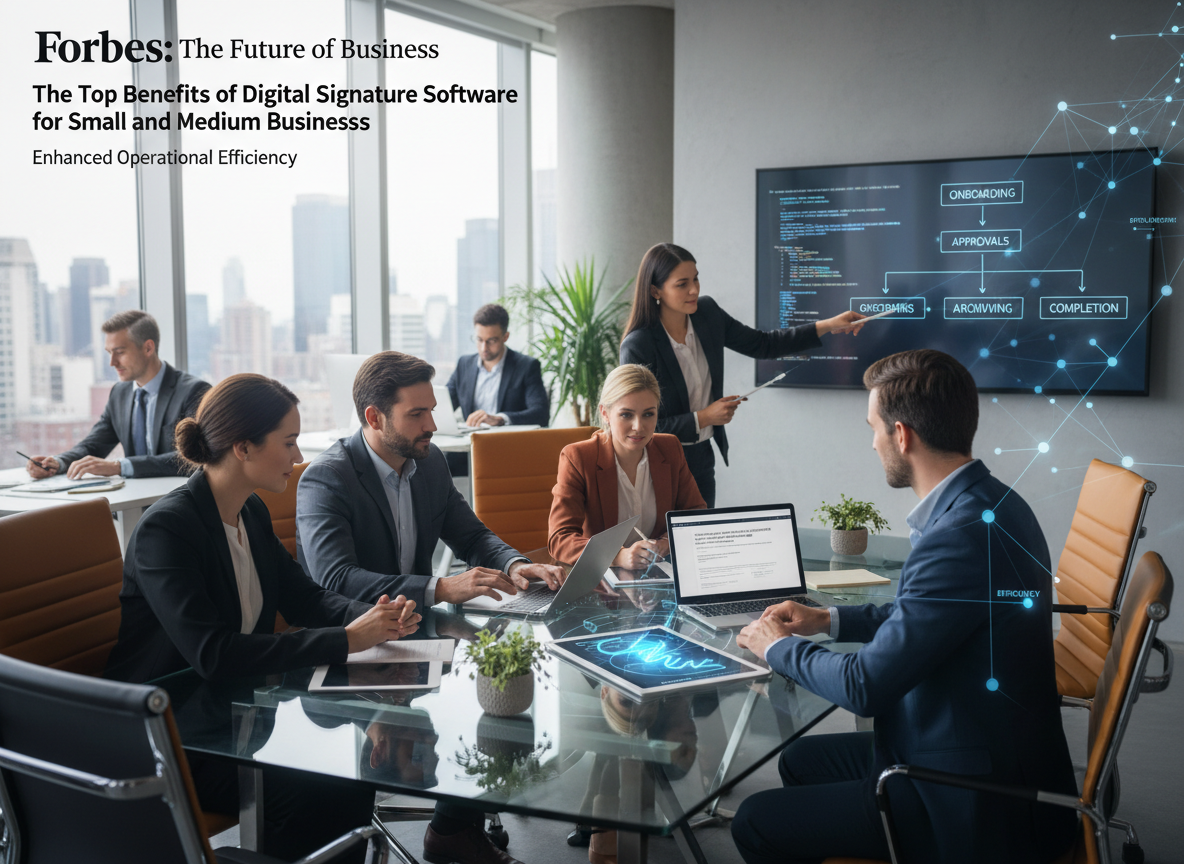 A team in a modern co-working space collaborating around a digital signature interface, symbolizing enhanced operational efficiency.