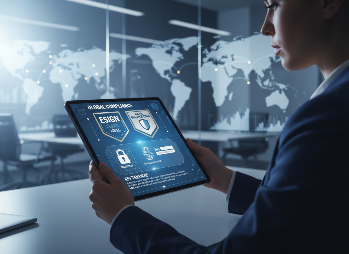 Infographic on a tablet showing compliance frameworks ESIGN and eIDAS alongside encryption and multi-factor authentication layers.