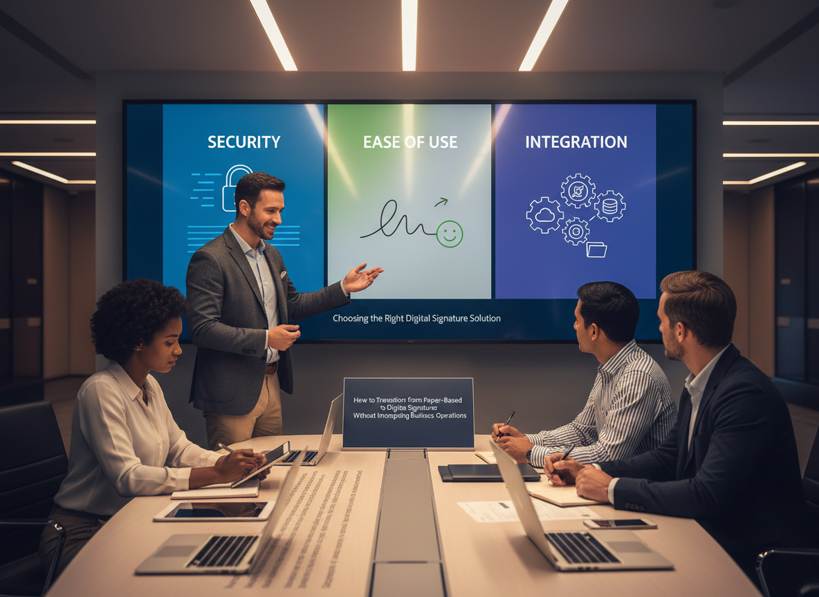 A technology demo space with a consultant explaining digital signature platforms to professionals, highlighting security, ease of use, and integration.